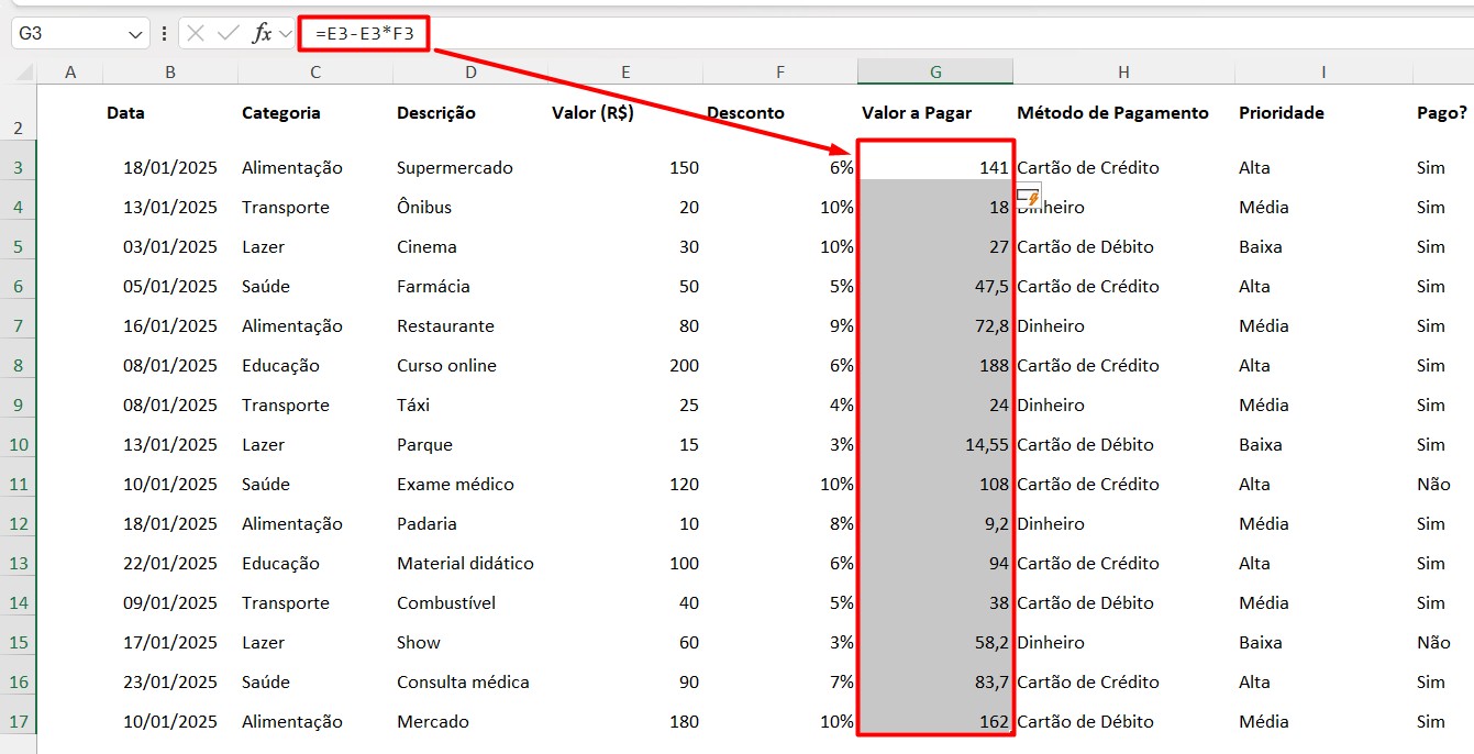 Resultado do Cálculo com Porcentagem no Excel