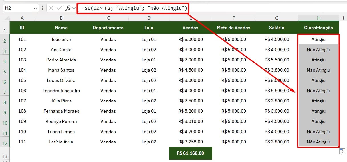 Resultado da Função SE no Excel