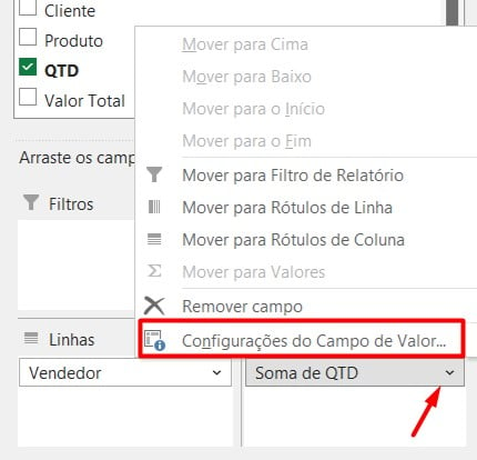 Configurando o Campo de Valores no Excel