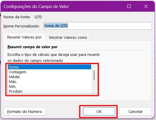 Configurando o Campo de Valores na Tabela Dinâmica do Excel