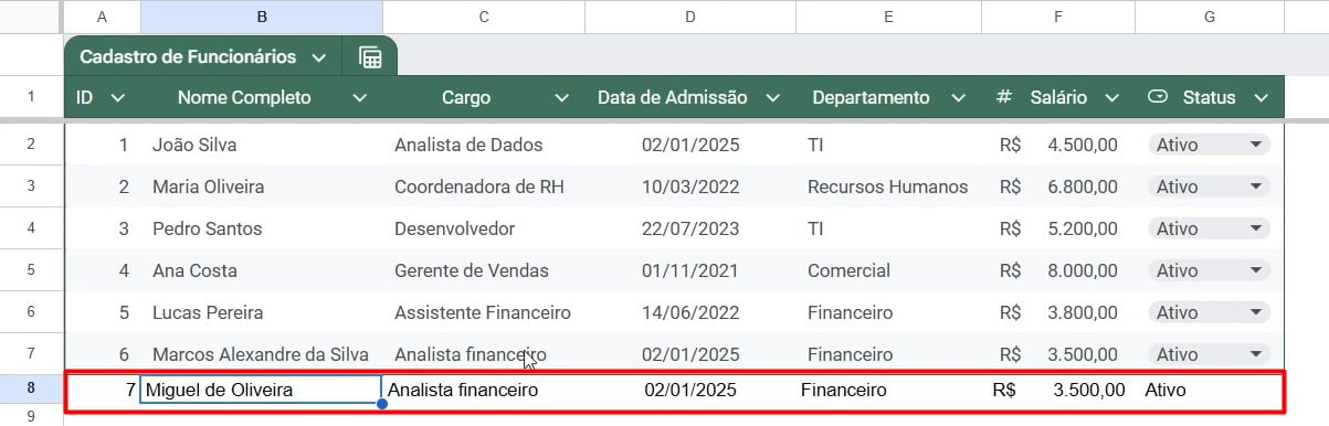 Funcionário Cadastrado no Google Sheets pelo AppSheets