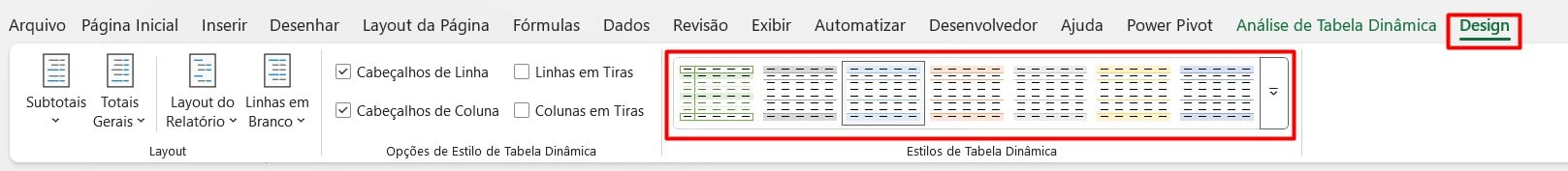 Estilos de Design de Tabela Dinâmica no Excel