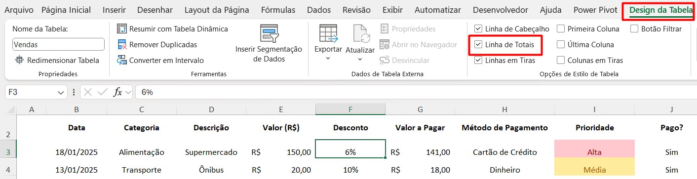 Ativando as Linhas Totais na Tabela do Excel