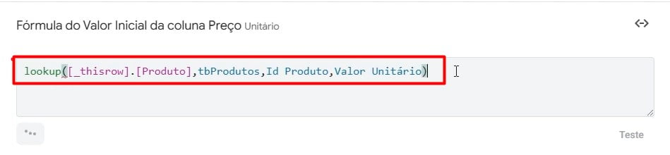 Fórmula Aplicada na Coluna de Valor Unitário do AppSheet