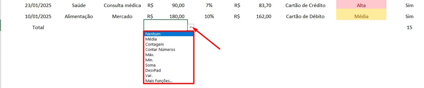 Opções das Linhas Totais das Tabelas no Excel