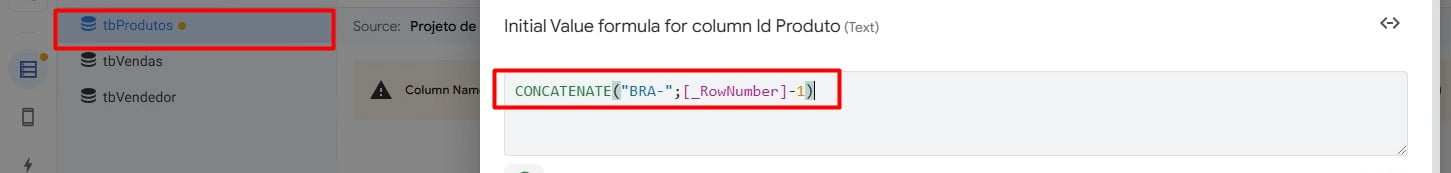 Fórmula Aplicada na Coluna de ID Produto do AppSheet