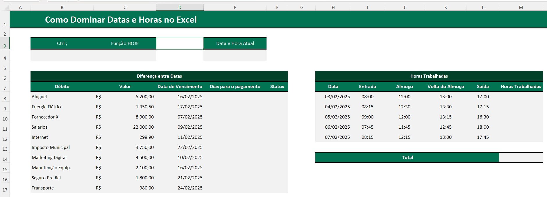 Tabelas para Calcular Datas e Horas no Excel