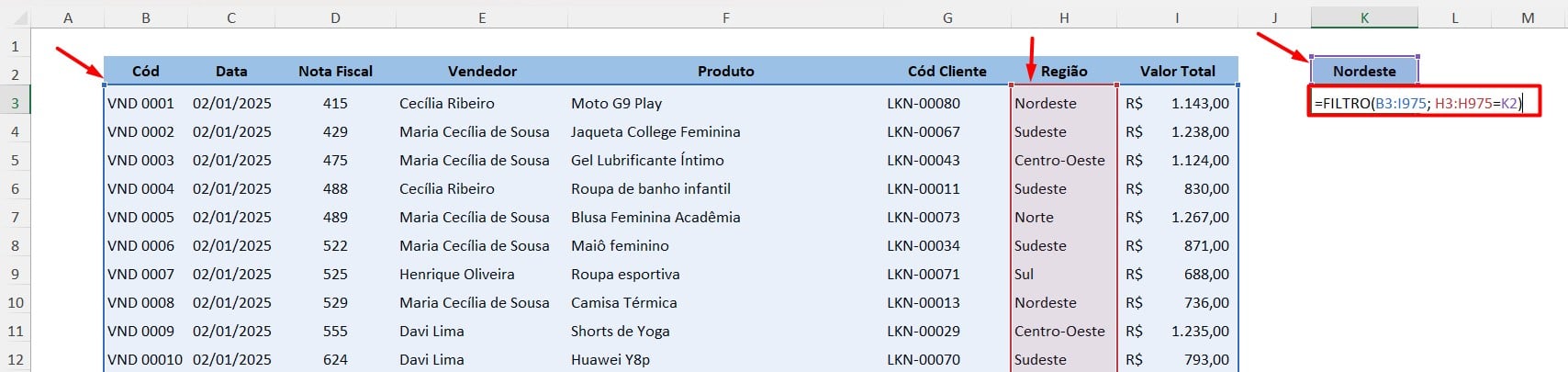 Aplicação da Função FILTRO no Excel