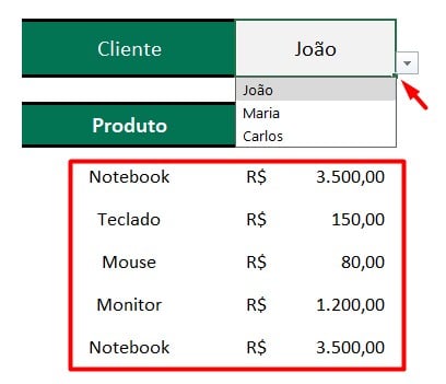 Busca de Vendas de Acordo com o Vendedor no Excel