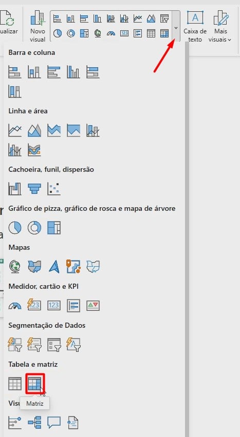 Selecionando a Opção de Visual de Matriz no Power BI