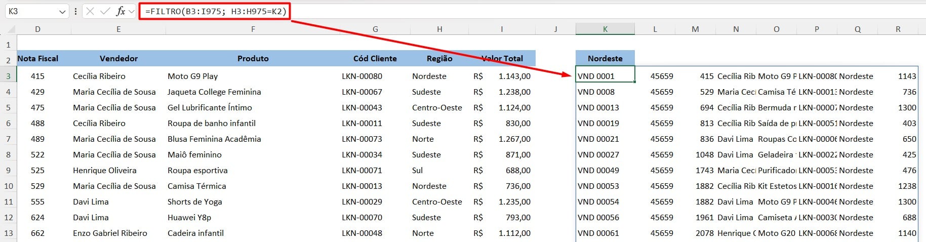 Resultado da Função FILTRO no Excel