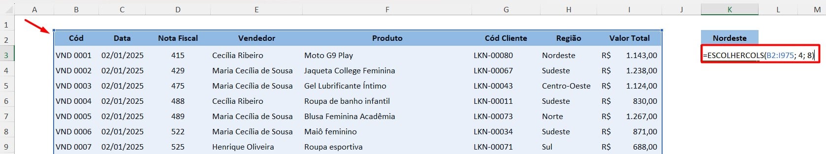 Aplicação da Função ESCOLHERCOLS no Excel