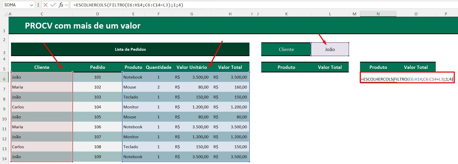 Aplicando as Funções ESCOLHERCOLS e FILTRO no Excel