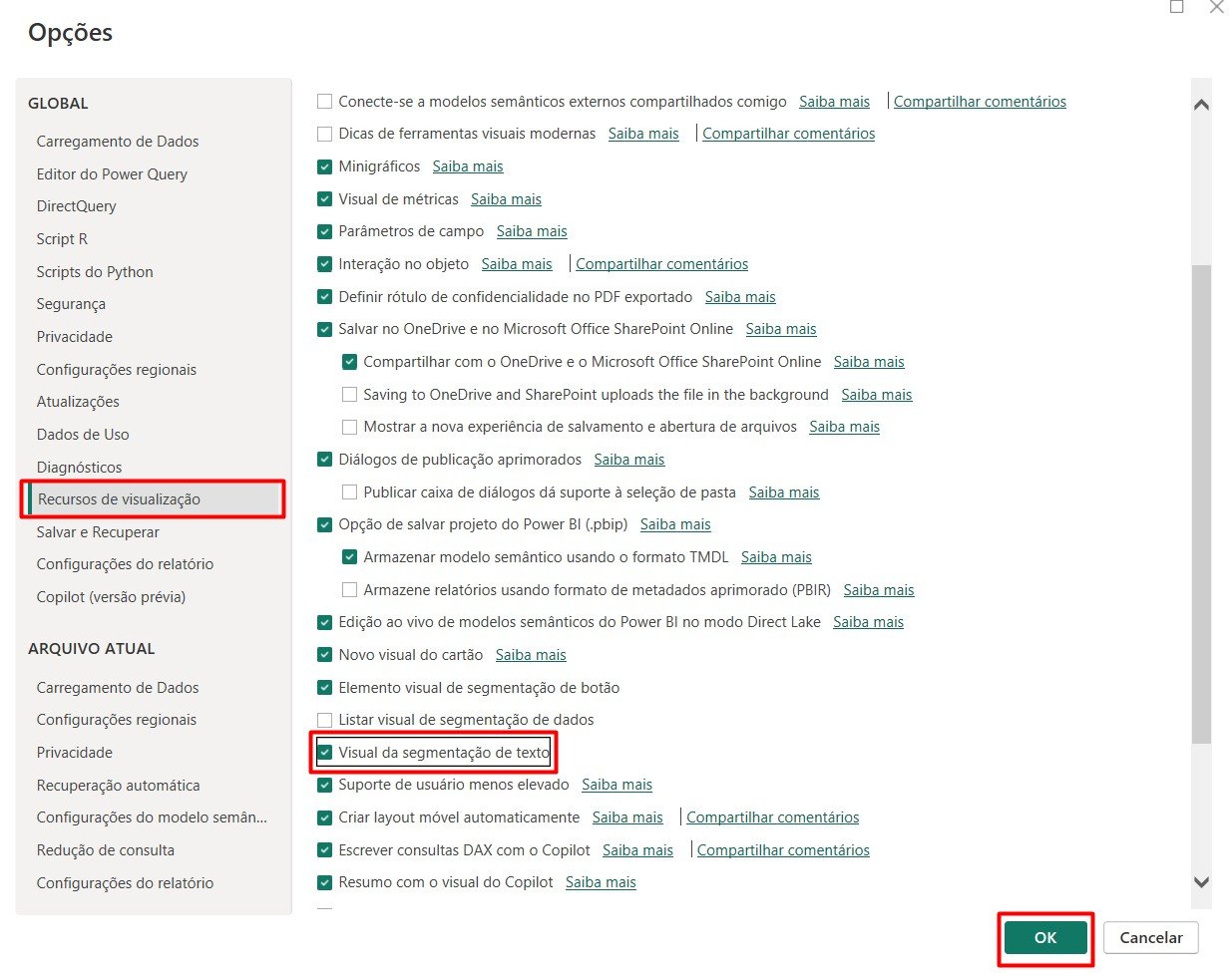 Habilitando Segmentação de Texto no Power BI