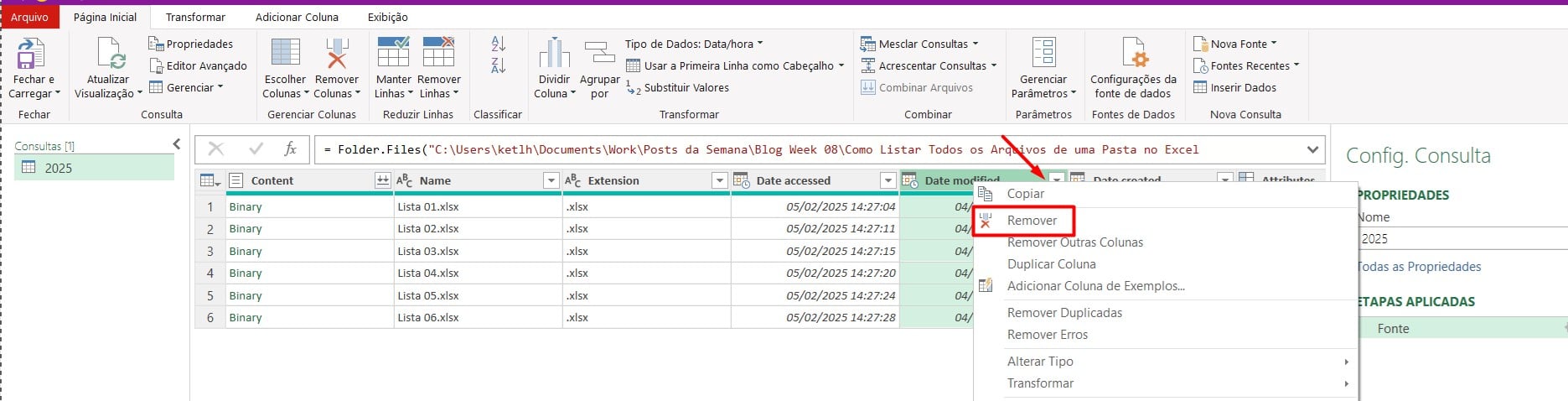 Removendo Colunas da Lista de Arquivos no Power Query