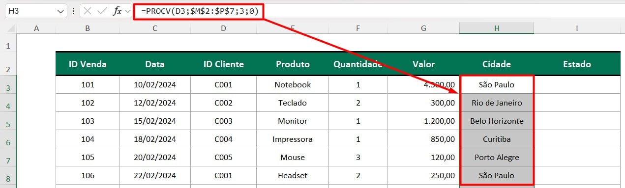 Resultado da Função PROCV no Excel