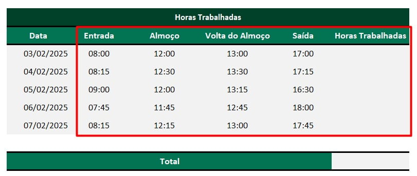 Tabela para Calcular as Horas