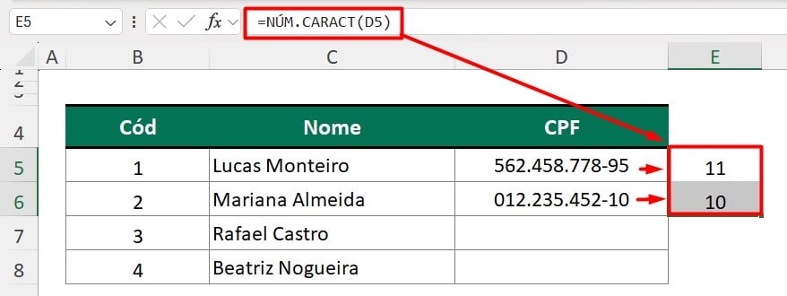 Aplicando a Função NÚM.CARACT no Excel