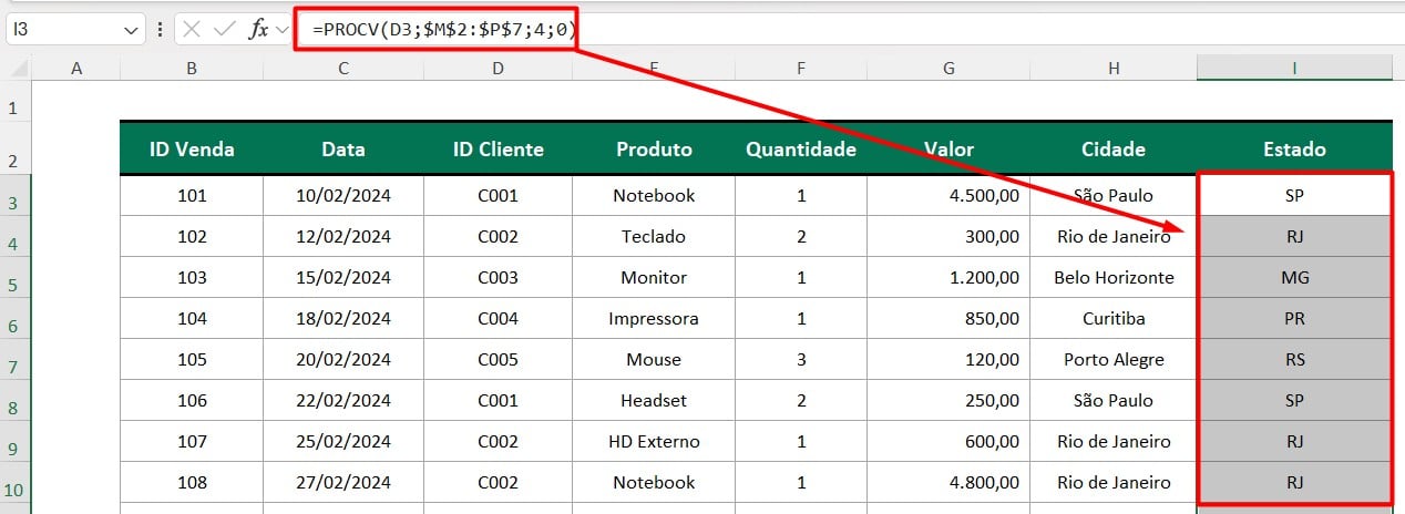 Resultado da Função PROCV no Excel