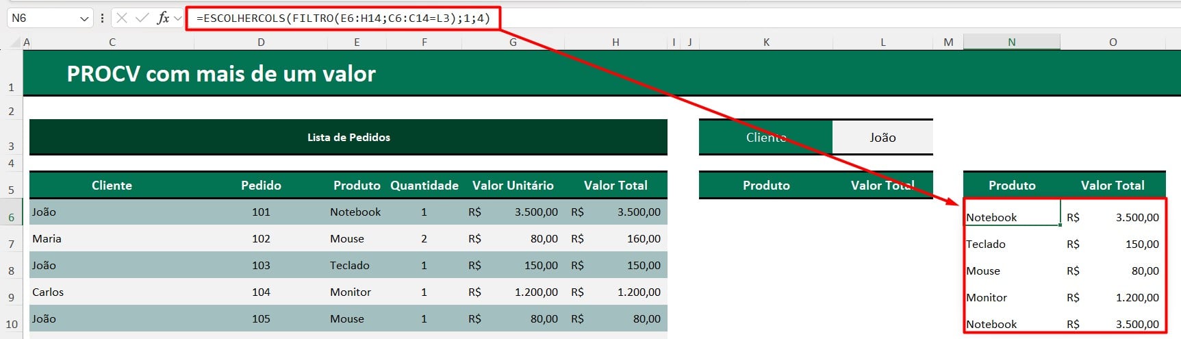 Resultado das Funções ESCOLHERCOLS e FILTRO no Excel