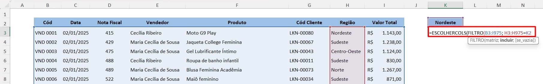 Funções FILTRO e ESCOLHERCOLS no Excel