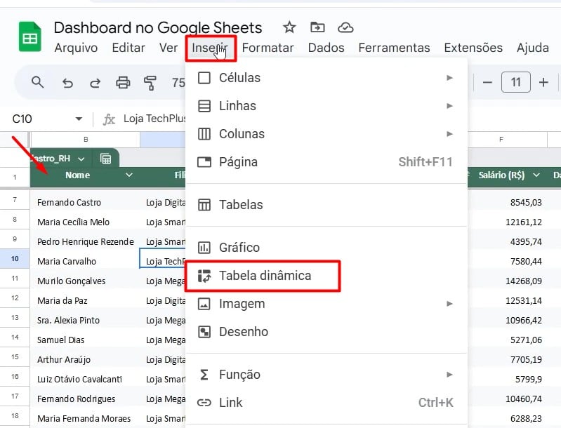 Inserindo Tabela Dinâmica no Google Sheets