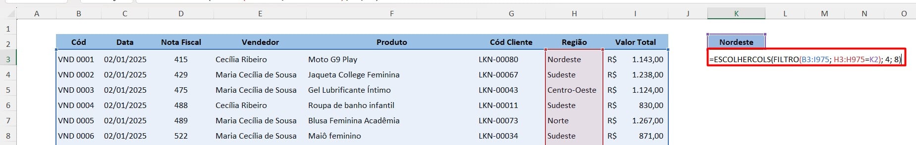 Funções FILTRO e ESCOLHERCOLS no Excel