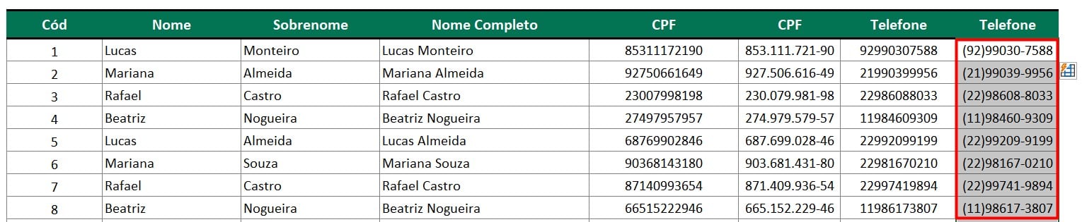 Preenchimento Relâmpago com Telefone no Excel