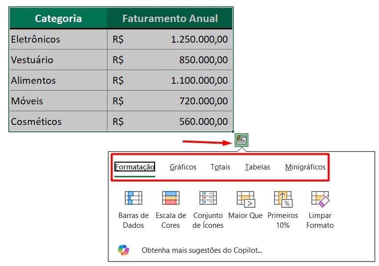 Opções da Análise de Dados no Excel