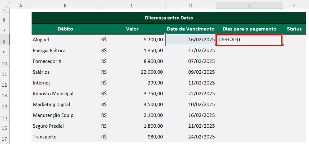 Calculando a Diferença de Dias no Excel