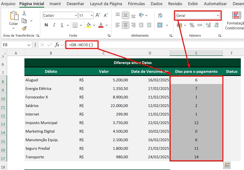 Calculando a Diferença de Dias no Excel