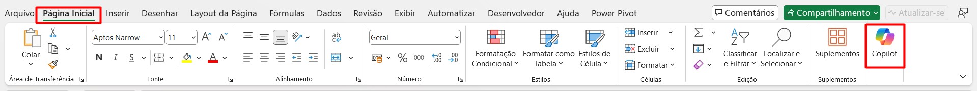 Acessando o Copilot no Excel