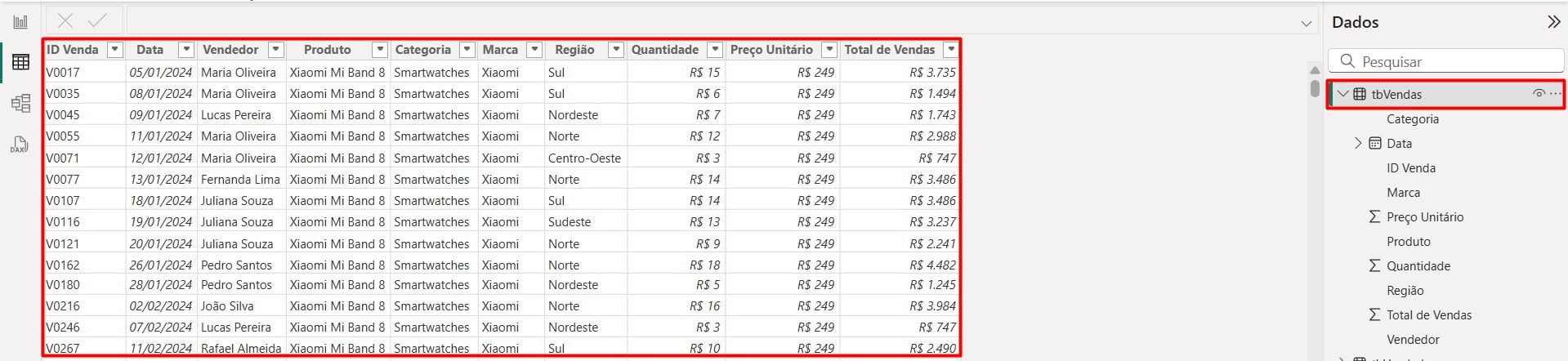 Tabela de Vendas no Excel Importada