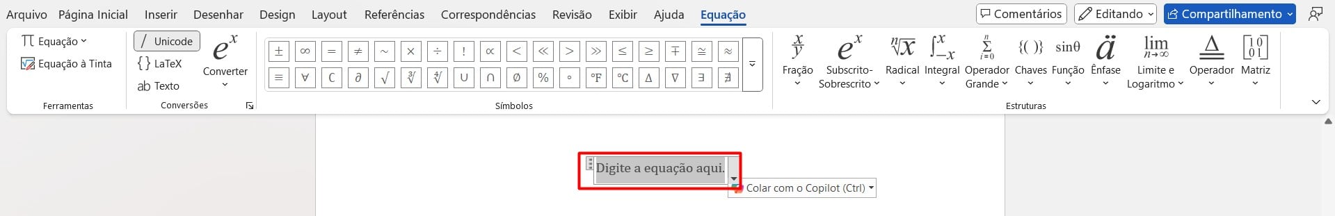 Caixa para Inserir Equação no Word