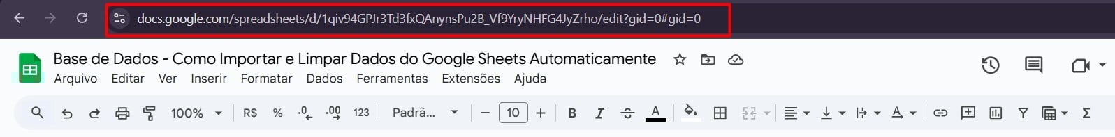 Copiando a URL da Planilha de Origem no Google Sheets