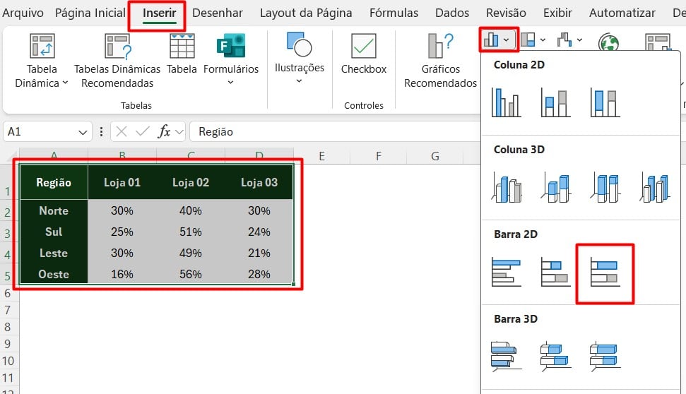 Criando Gráfico de Barras 100 Empilhadas no Excel