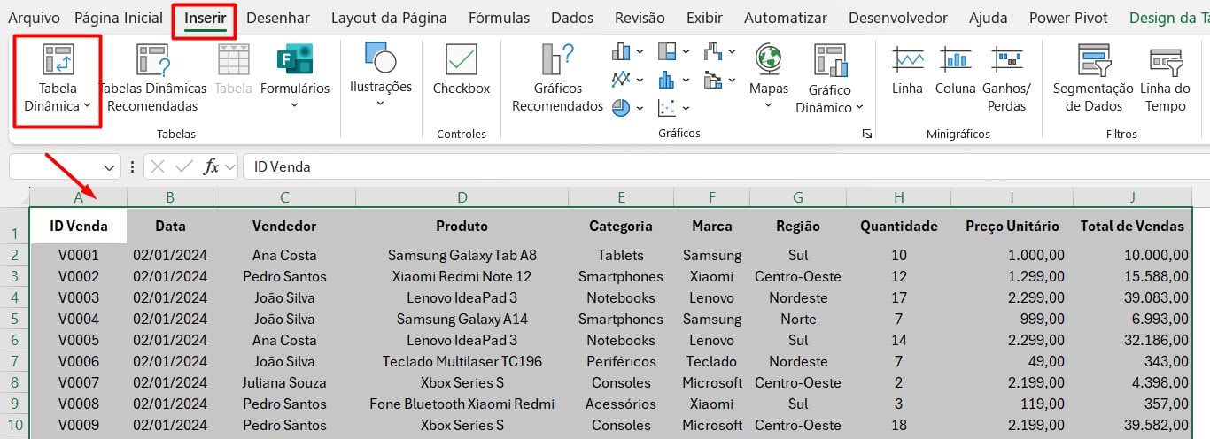 Criando Tabela Dinâmica no Excel