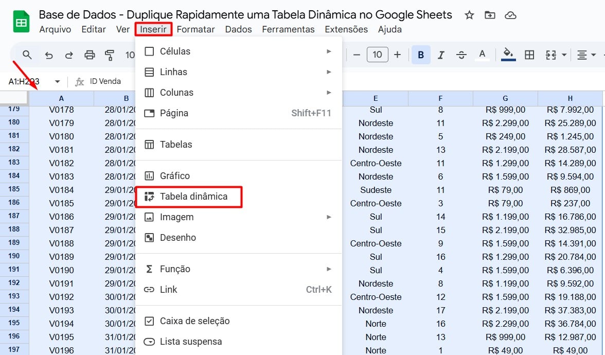 Criando Tabela Dinâmica no Google Sheets