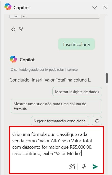 Enviando Prompt ao Copilot no Excel