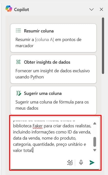 Enviando Prompt par Gerar Phyton no Excel com o Copilot