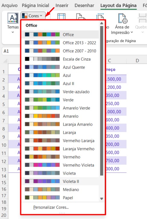 Escolhas Cores no Excel
