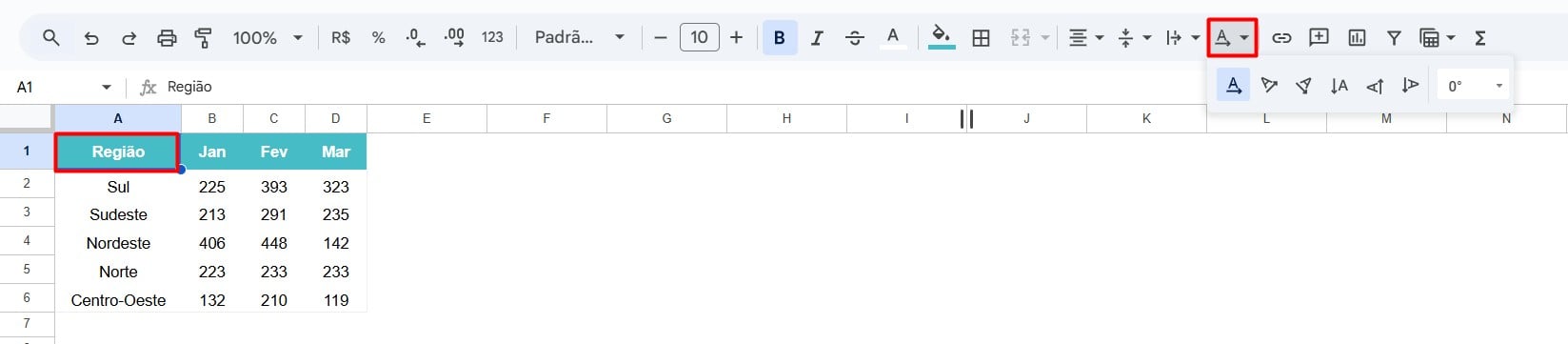 Opções de Rotação de Texto no Google Sheets
