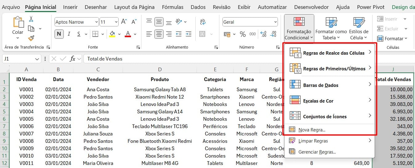 Opções de Formatação Condicional no Excel