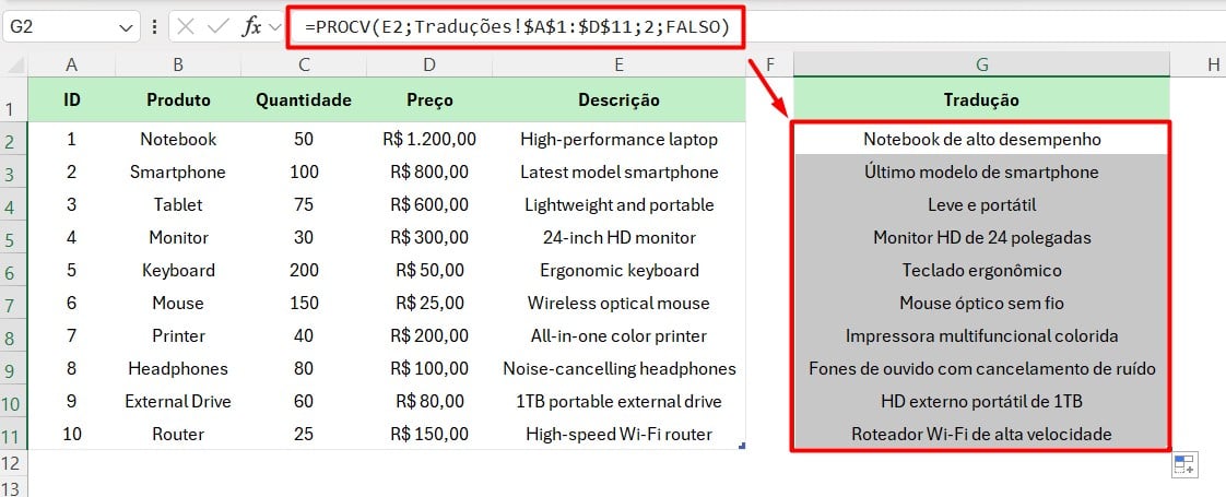 Aplicação de PROCV para Tradução Automática no Excel