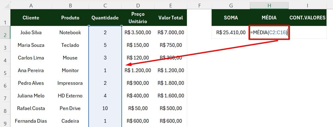 Aplicando a Função MÉDIA no Excel