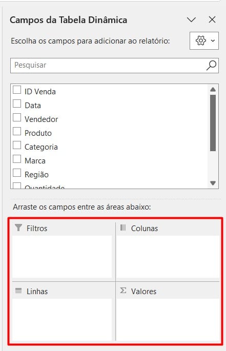 Campos da Tabela Dinâmica no Excel