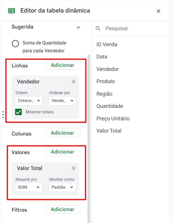 Configurando Tabela Dinâmica no Google Sheets