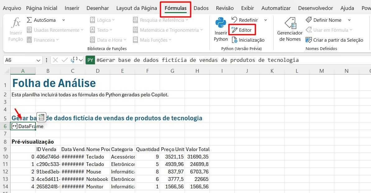 Editando Código de Phyton no Excel