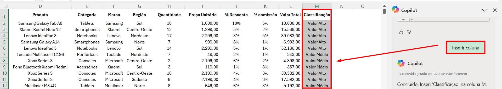 Inserindo Coluna Calculada no Excel com o Copilot