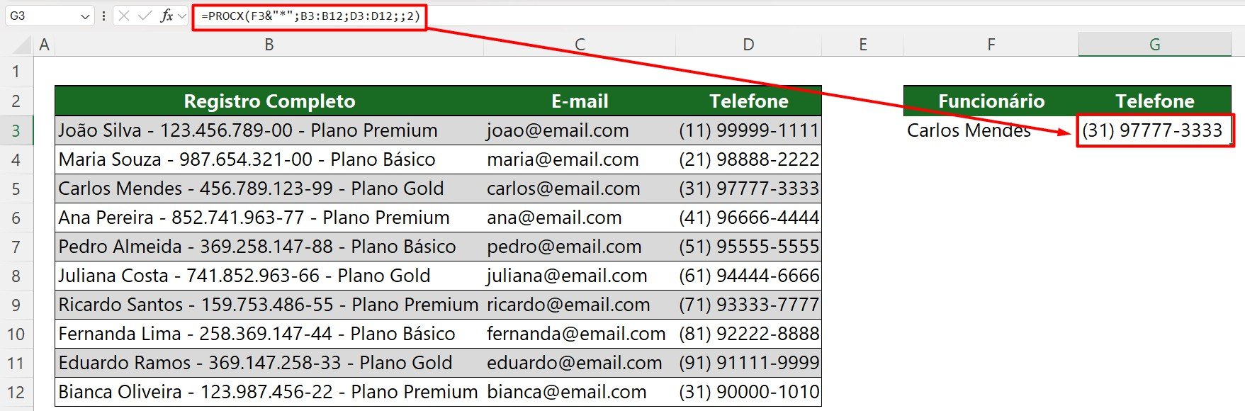 Resultado do PROCX com Curinga no Excel